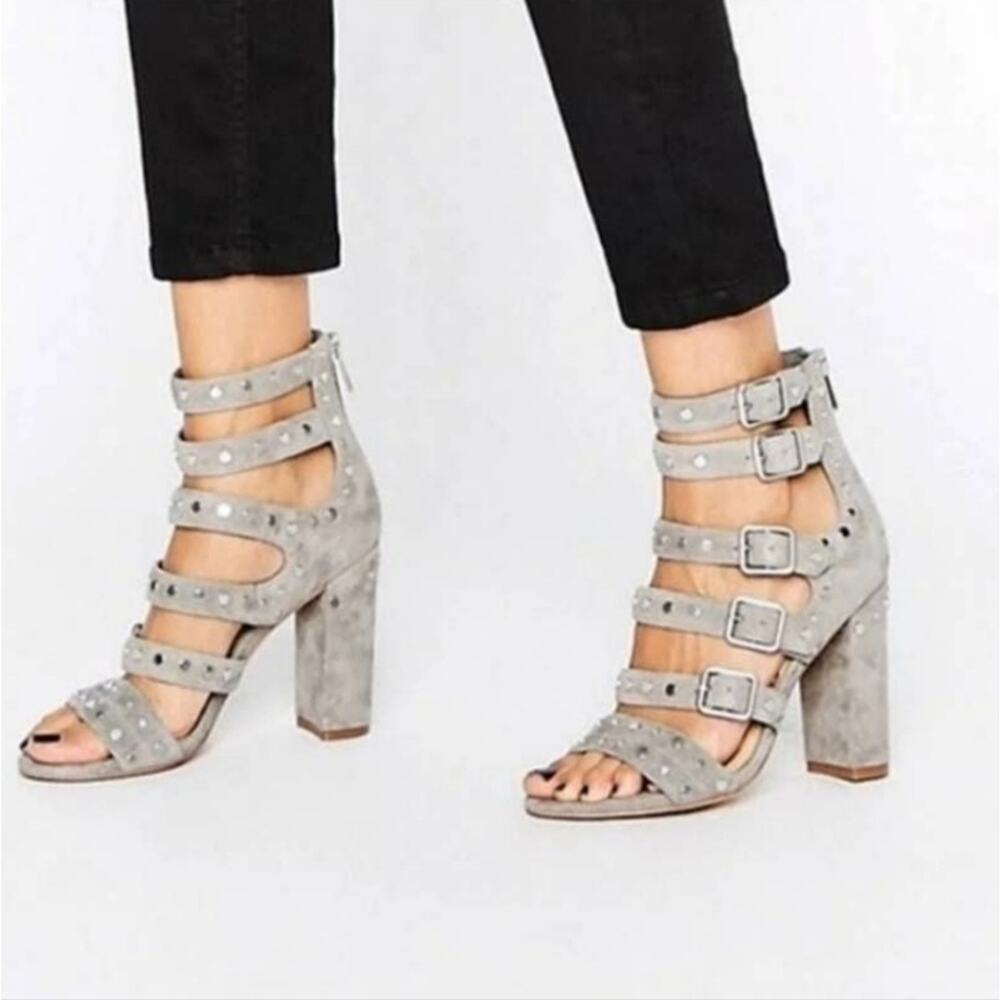 Sam Edelman York Grey Suede Studded Cage Chunky Heel Barbiecore Sandals sz 10